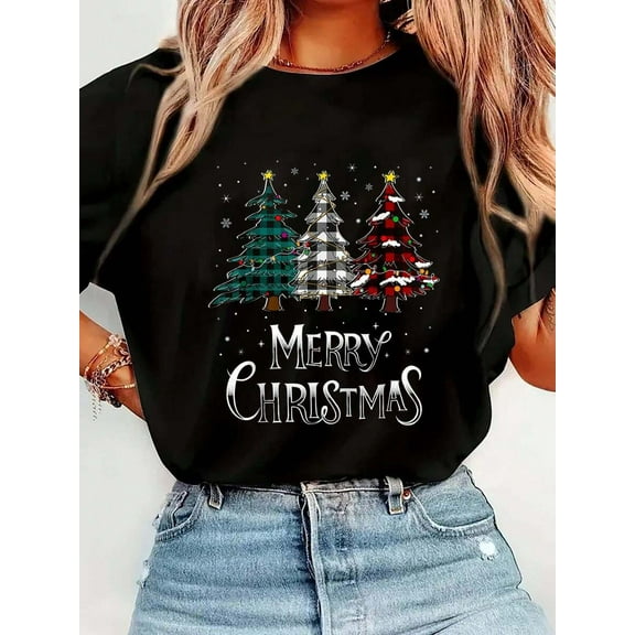 Merry Christmas Tree Xmas Buffalo Plaid Red White Green T-Shirt Women's Round Neck Short Sleeve T-Shirt Fashion Graphic Tees Women Top
