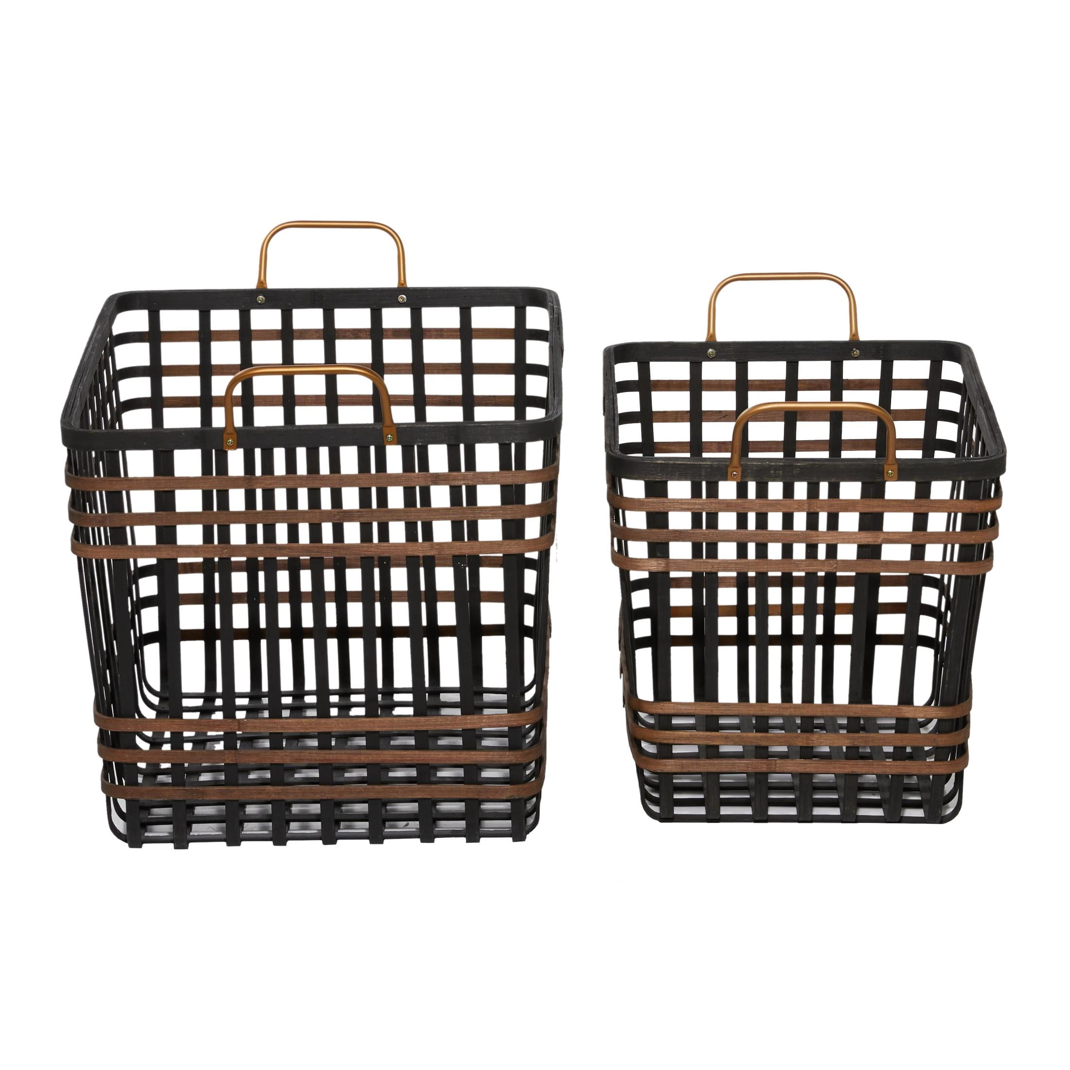 DecMode 14", 24"W Black Bamboo Wood Open Frame Square Storage Basket with Brown Accents, 2-Pieces