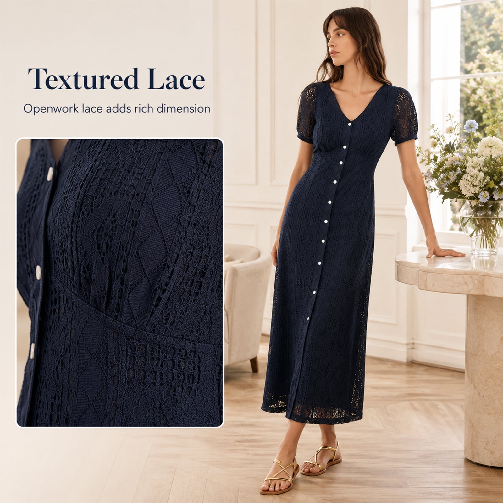 Alvantor Women's Navy Lace Maxi Dress with V-Neck, Short Puff Sleeves and Button Front