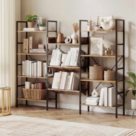 Studyset Triple Column 4 Tier Bookshelf, Bookcase with 11 Open Display Shelves, Adjustable Rustic Industrial Style Book Shelves, Modern Bookshelves for Bedroom, Living Room and Home Office, Vintage