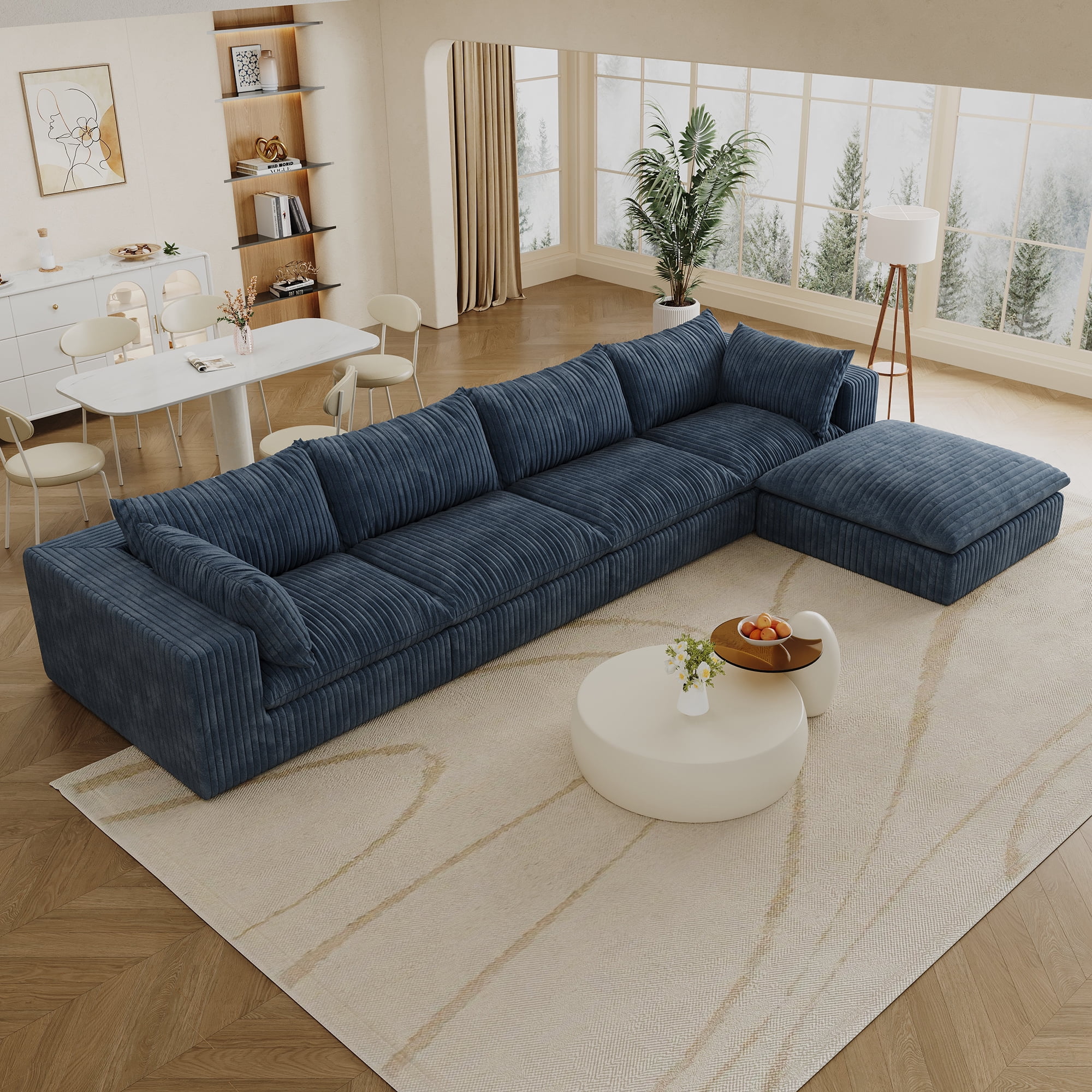 MAYEERTY 157.6" Cloud Sofa Blue Corduroy Fabric Deep Seat Double-Layer Design Removable Cushion No Assembly DIY Combination for Multi-Rooms