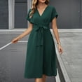 thumbnail image 5 of CIENVNSTG Women’s Dresses Mid Length Dresses a Line Vestidos Slim Fit V Neck Short Sleeve Tight Waist Elegant Splice Lace Up Bow Summer Formal Dresses Green S, 5 of 7