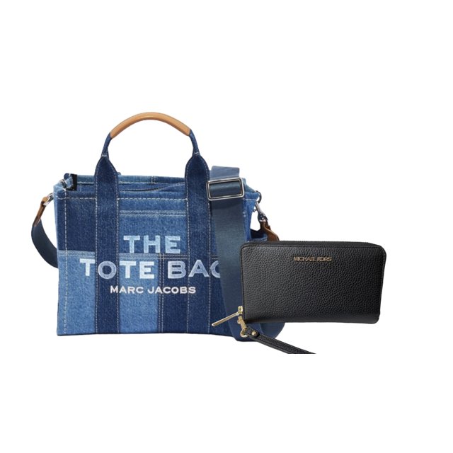 Combo Bolsa Bandolera Marc Jacobs The Tote Bag Mezclilla Mediana + Cartera Michael Kors negra con Dorado
