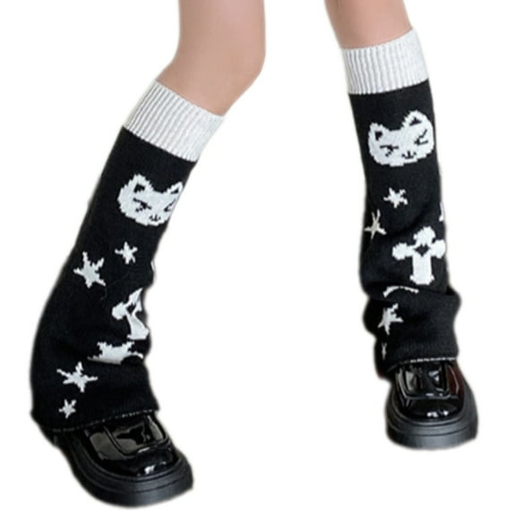 YIGSECU Reversible Harajuku Long Leg Warmers Cute Cats Pattern Knit Women's Boot Covers