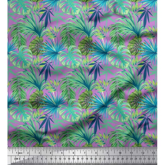 Soimoi Japan Crepe Satin Fabric Tropical Leaves Print Fabric by The Yard 42 Inch Wide