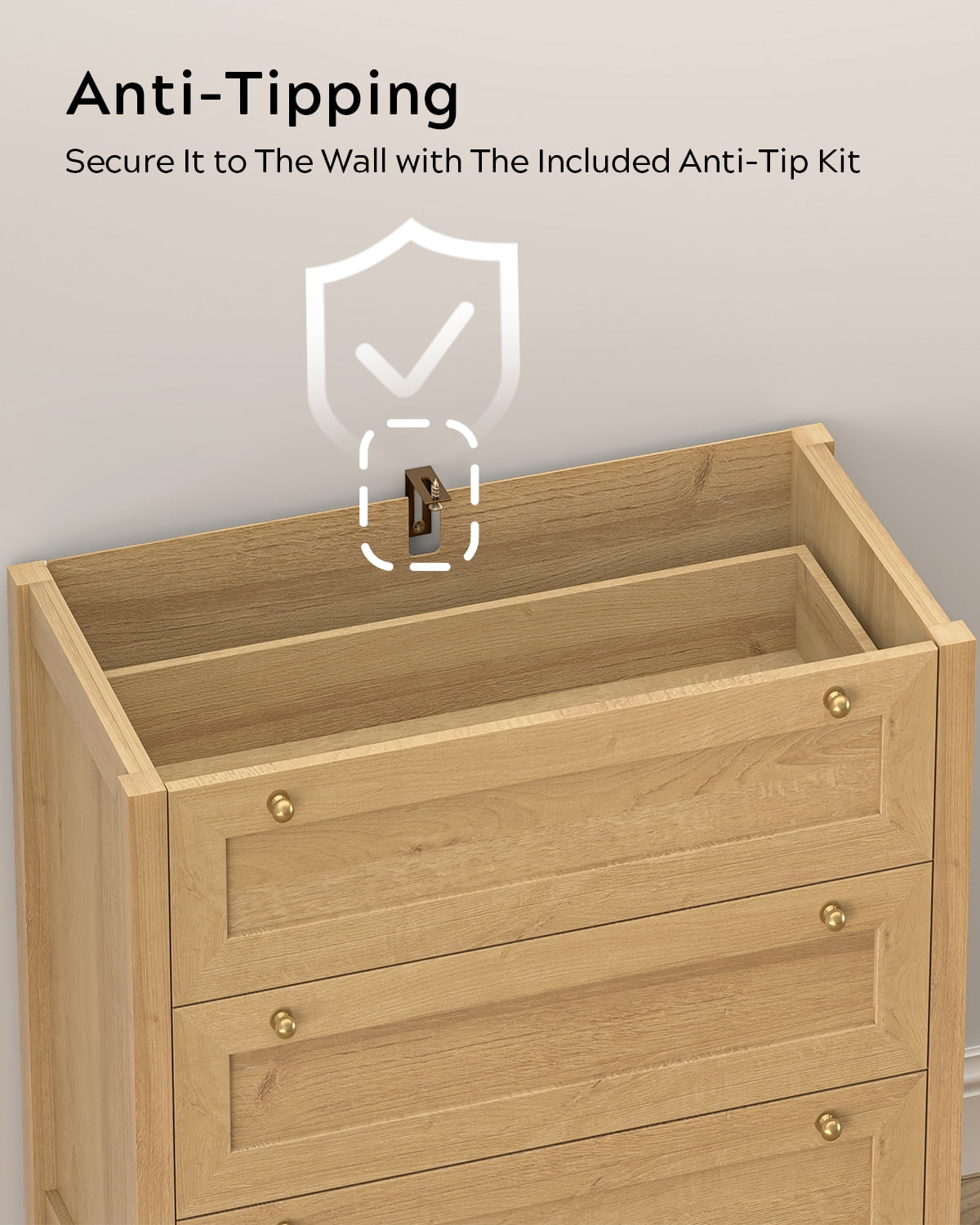 Joyyskill 3 Drawer Dresser, Modern Chest of Drawers Storage Cabinet with Golden Handles, Wood Nightstand End Table, Natural Oak