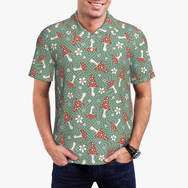 Balery Retro Hippie Groovy Mushroom Camisa Polo de Hombre con Estampado, de Manga Corta y Tejido Medio, Camisa Tipo Golf Polo-Small