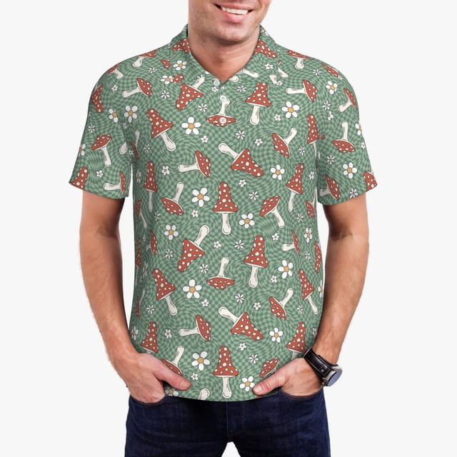 Balery Retro Hippie Groovy Mushroom Camisa Polo de Hombre con Estampado, de Manga Corta y Tejido Medio, Camisa Tipo Golf Polo-Large