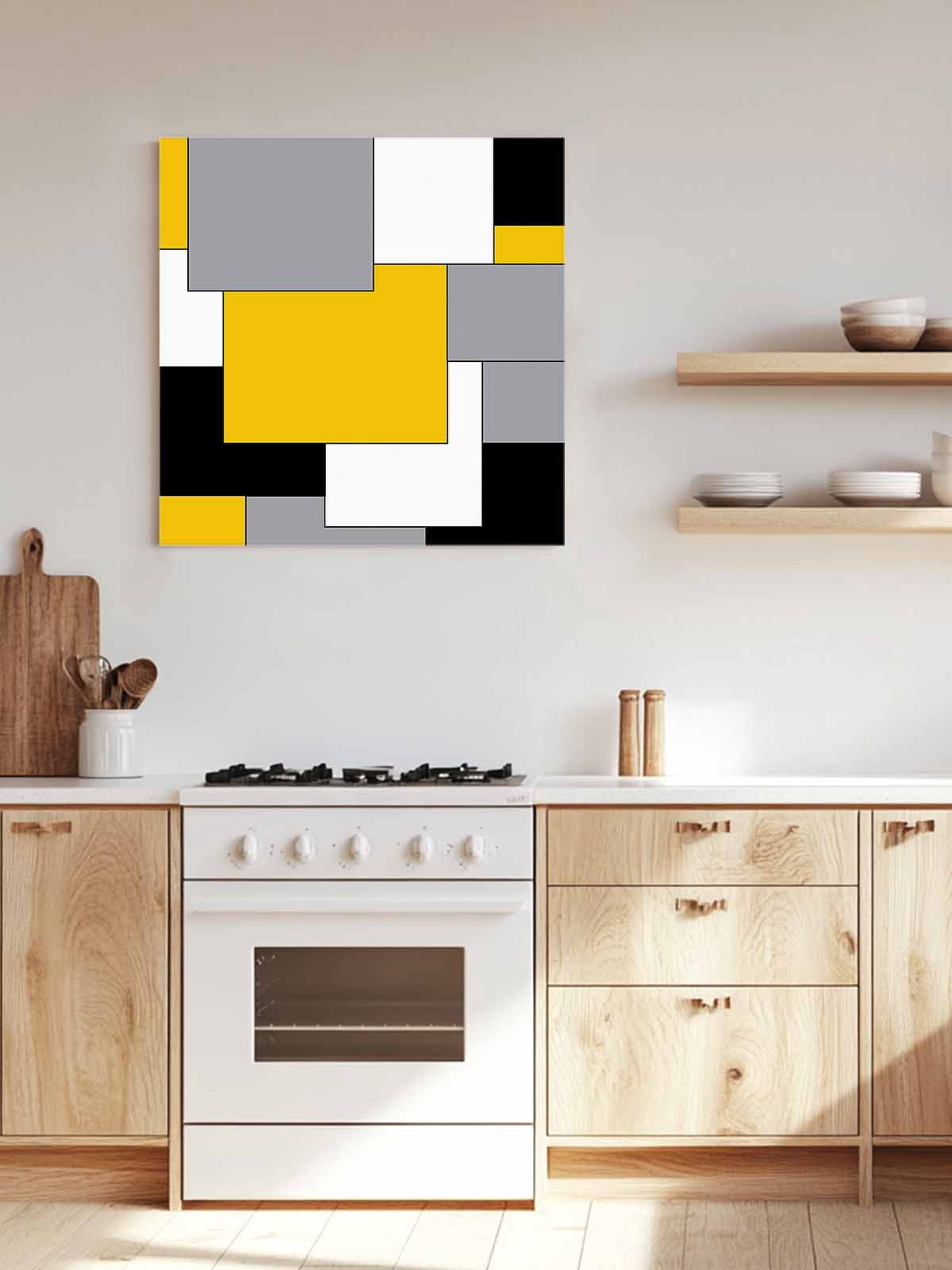 Abstract Art Canvas Wall Art, Patchwork Black and Yellow Framed Wall Decor Modern Artwork Prints Painting for Living Room, Bedroom, Kitchen & Cafe Decor 20x20 Inch