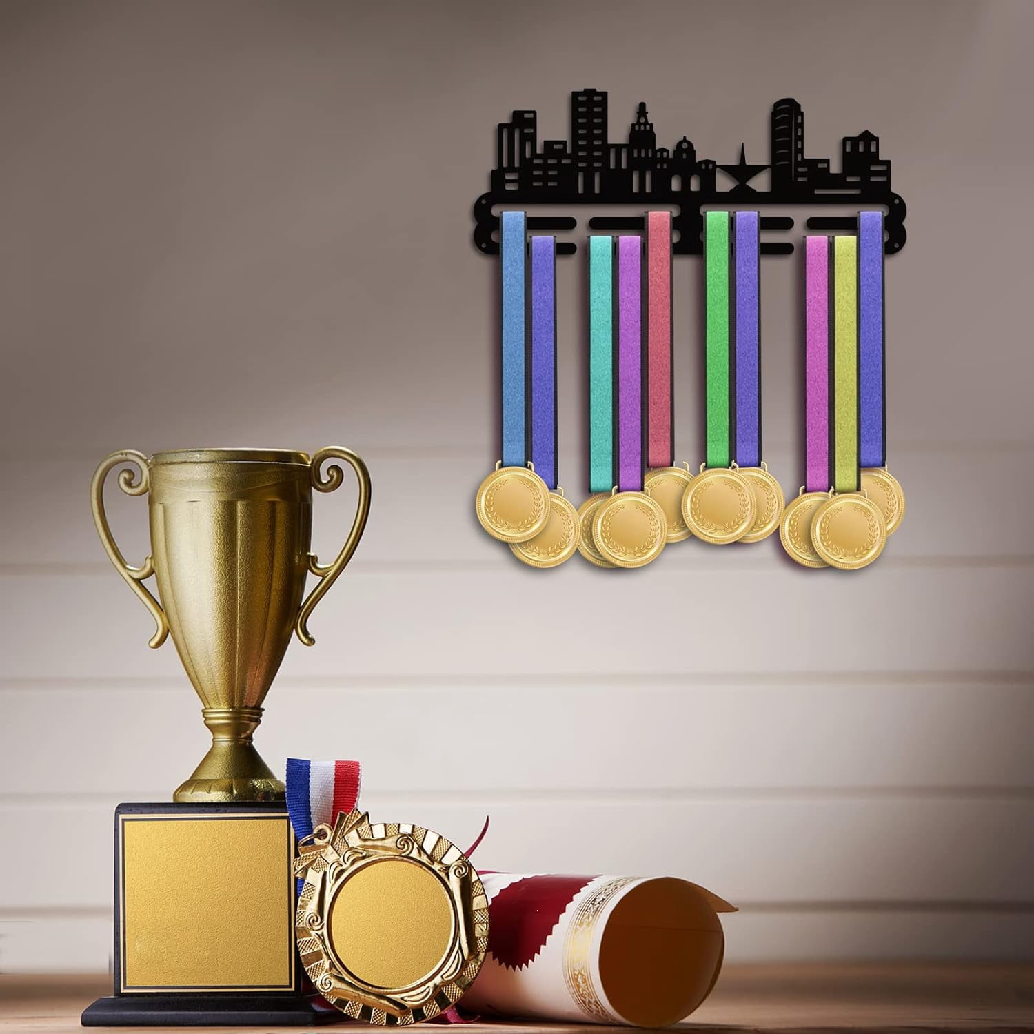 Medal Display Hanger Holder City Silhouette Medal Holder 15.7” Awards Ribbon Hanger Medal Display Wall Rack Sports Medal Hanger Display for Sports Marathon Athletes Awards Cheer DIYDIY