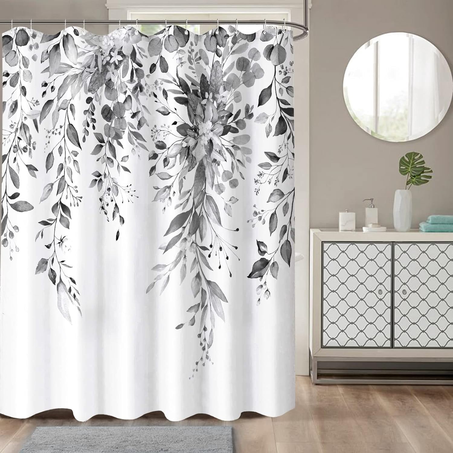 Gray and White Eucalyptus Shower Curtain Watercolor Grey Floral Plant Leaf Shower Curtains for Bathroom Botanical Flower Waterproof Fabric Bath Curtain Decor with Hooks (Black, 72'''' x 72'''')