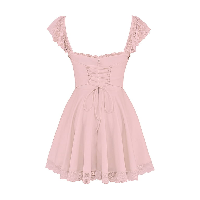 Aunavey Women's Summer Trendy Mini Dress Lace Trim Square Neck Backless A  Line Dress Aesthetic Fairy Corset Dress 