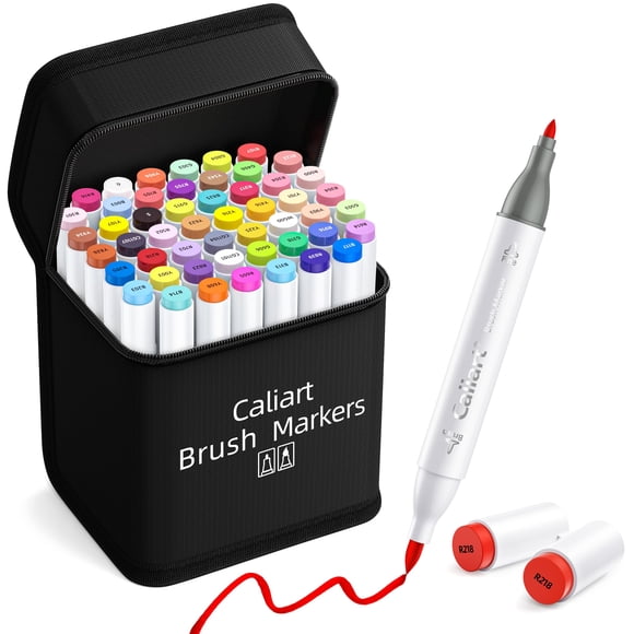 Caliart Alcohol Markers Brush Tip, 51 Colors Dual Tip Artists Coloring Markers Set Brush & Fine, Permanent Alcohol Based Colored Sketch Pens, Art Sup