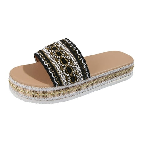 

PMUYBHF Female Women s Slippers Size 10 Ladies Fashion Ethnic Style Woven Print Open Toe Flat Bottom Beach Sandals 39 Black