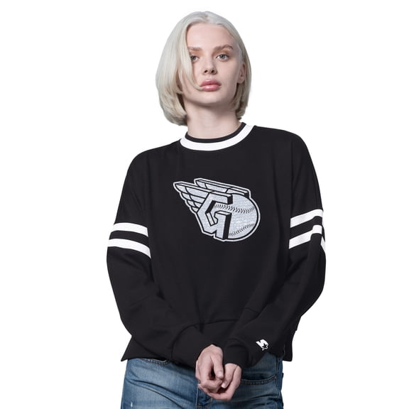 Women's Starter Black Cleveland Guardians Rally Cropped Drop Shoulder Crewneck Sweatshirt