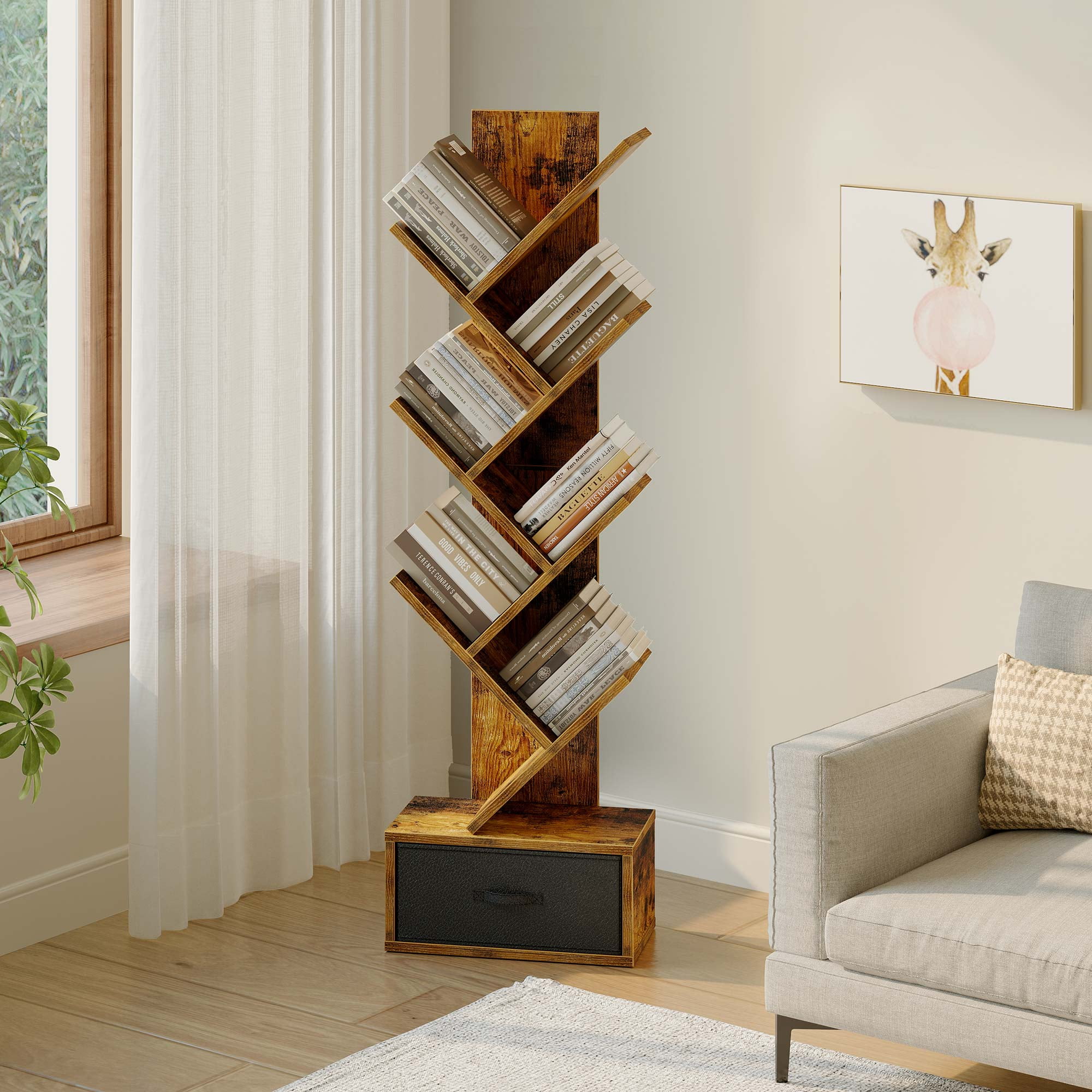 Greenstell 7-Tier Wooden Bookcase with Drawer, Free Standing Tree Bookshelf, Rustic Brown
