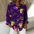thumbnail image 2 of LEKWK Mardi Gras Shirts for Women Fun Party Food Graphic Print Dress Blouses Long Sleeve Button Down Casual Daily Outfits, 2 of 8
