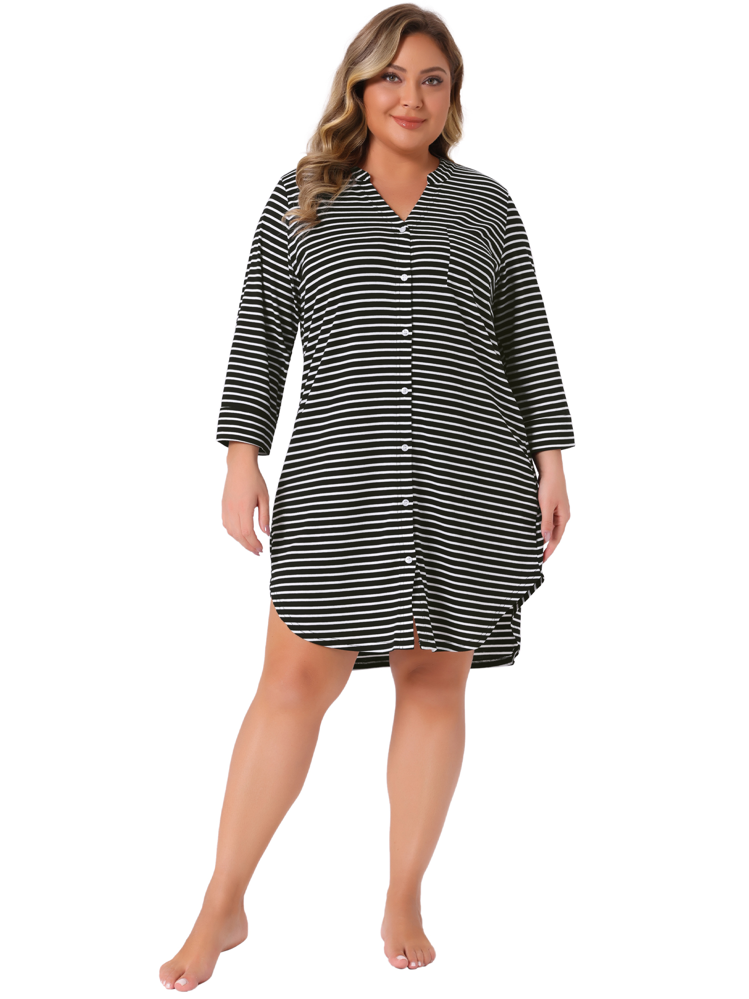 DARING DIVA Women's Plus Size Button Down V Neck 3/4 Sleeve Nightgown 1X Black