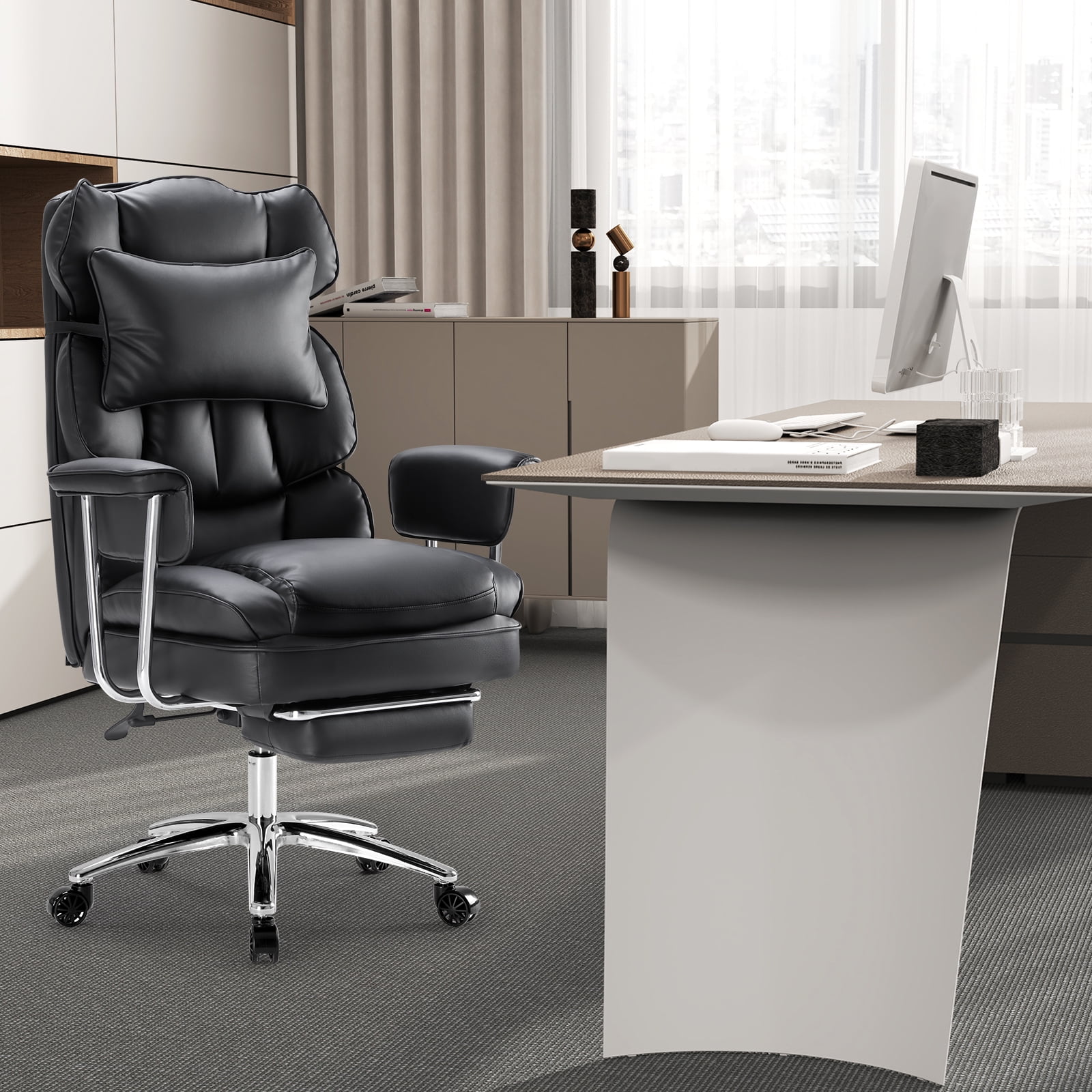 CONCETTA Executive Ergonomic Home Office Chair with Footrest & Lumbar Support, Big Tall High Back, PU Leather, Adjustable & Swivel, Black