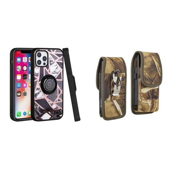 Bemz Ring Series Case for iPhone 14 Plus (TPU Silicone Cover with Magnetic Stand) and Vertical Rugged Nylon Belt Holster Pouch (Black White Marble/Camo)