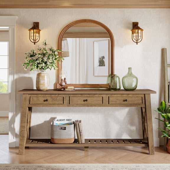 Tribesigns 70.9" Farmhouse Console Table with 3 Drawers & Shelf, Entryway Sofa Table (Brown)
