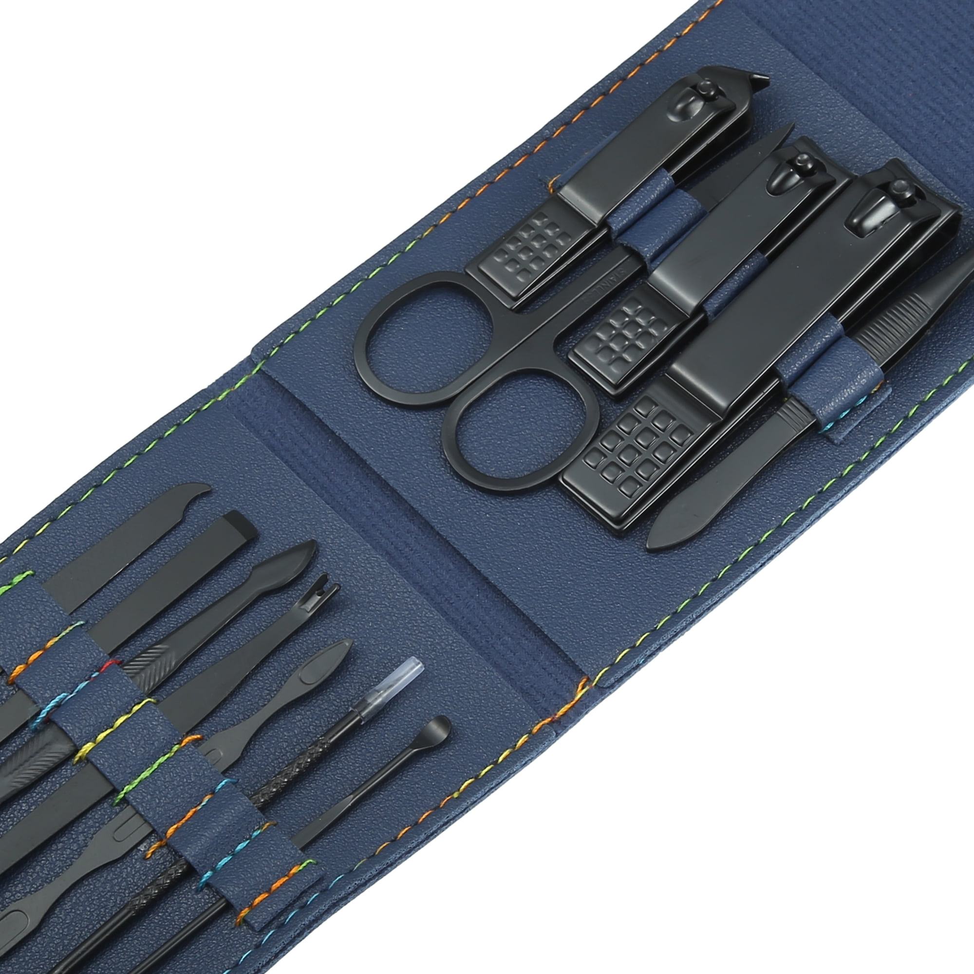 Unique Bargains 12 pcs Manicure Set with Blue PU Case Stainless Steel Personal Care Black