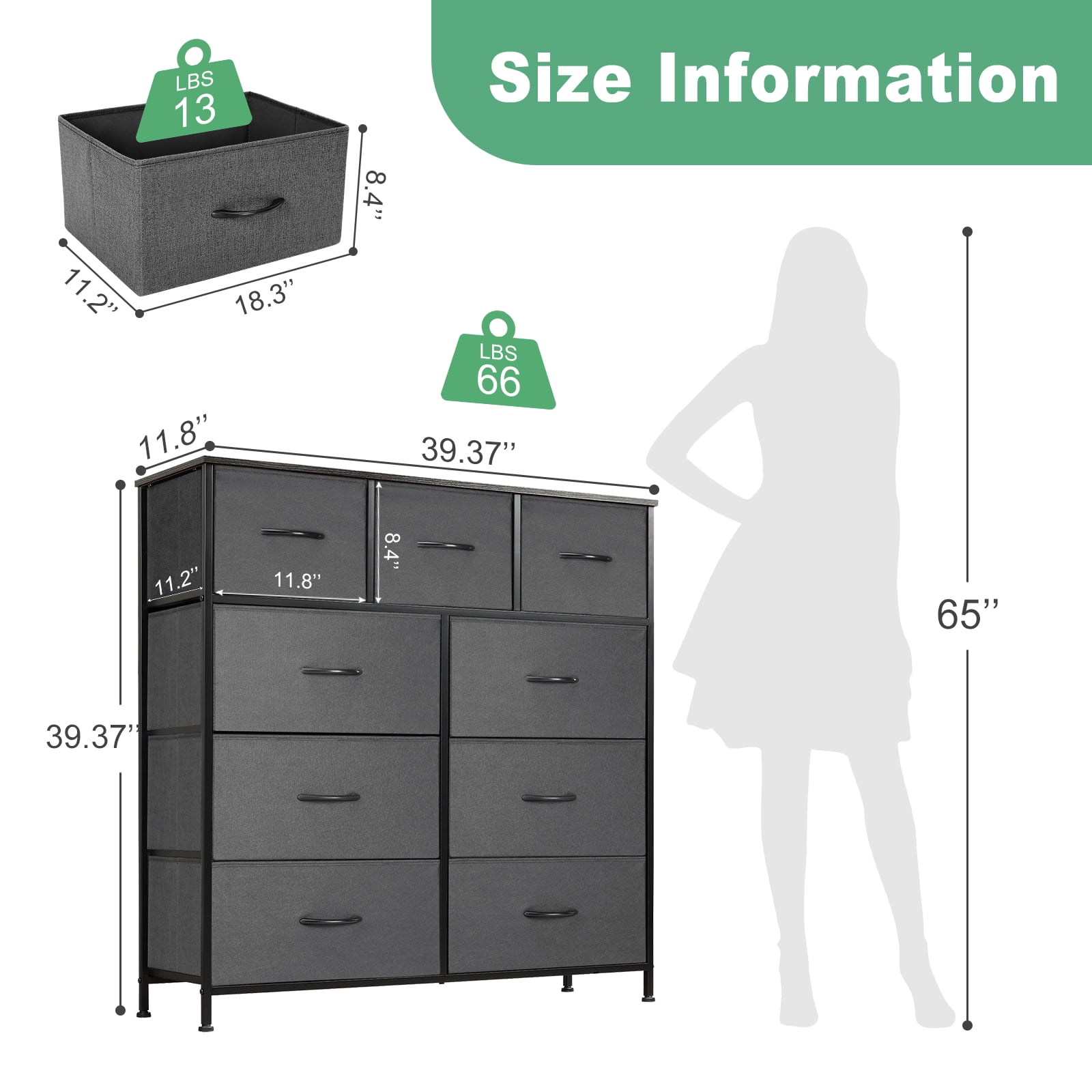 MAYEERTY Fabric Dresser with 9 Drawers for Storage and Organization, 39.4 Inch Tall Chest of Dresser, Gray