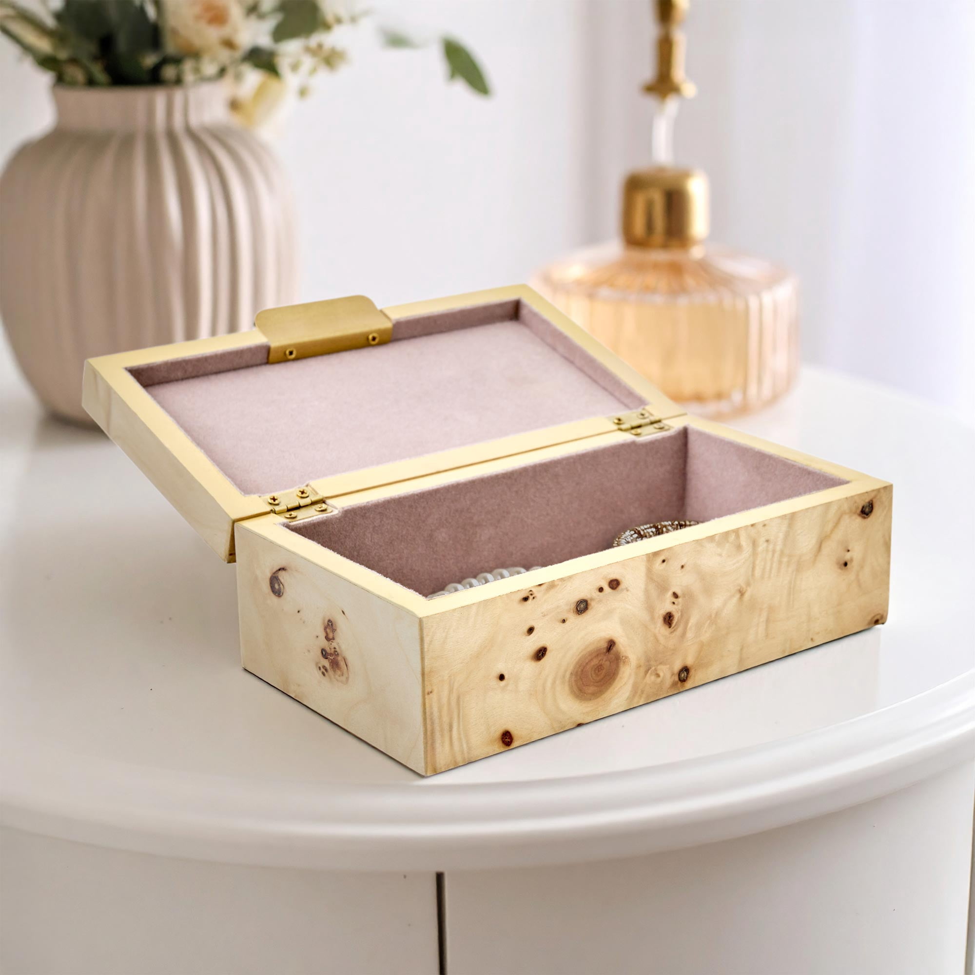 Beautiful by Drew Burl Wood Tabletop Storage Box, Decorative Jewelry Organizer with Lid, Natural Keepsake Box for Dresser or Shelf, 7.5x4.25