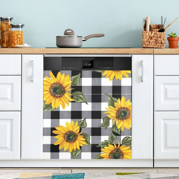 Sunflower with Black White Plaid Dishwasher Magnet Cover Magnetic Fridge Door Cover Home Kitchen Decor 23"x 26"