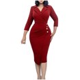 thumbnail image 2 of Njoeus Women Business V Neck Bodycon Dress Lapel Long Sleeve Button Work Office Midi Pencil Dress S-3XL, 2 of 9
