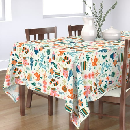 

Cotton Sateen Tablecloth 70 x 120 - Retro Christmas Vintage Non Traditional Candy Colors Candy Cane Holly Jolly Scandinavian Mid Century Print Custom Table Linens by Spoonflower