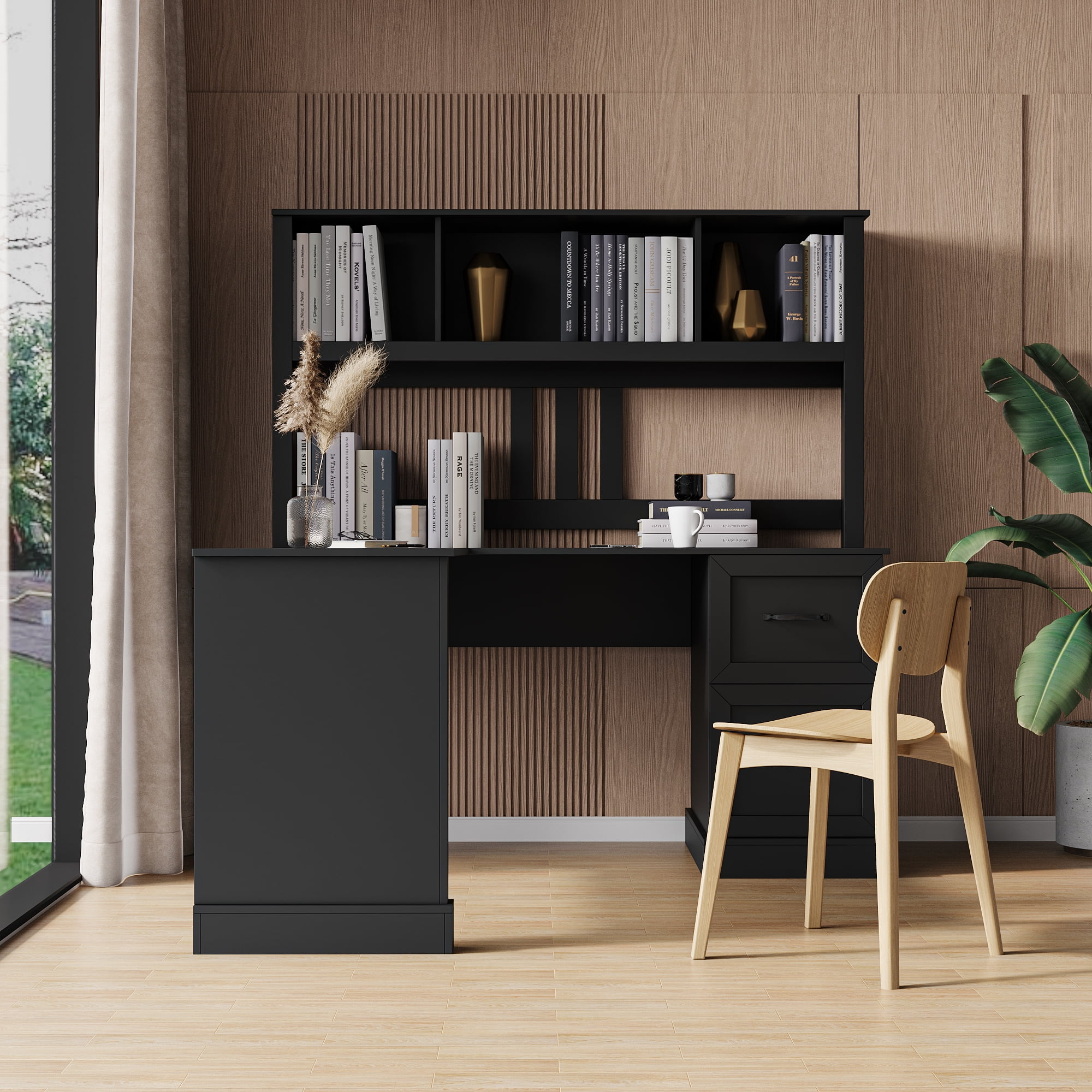 Royard Oaktree L Shaped Computer Desk with Hutch Reversible Home Office Desk w/Drawers and Bookshelf