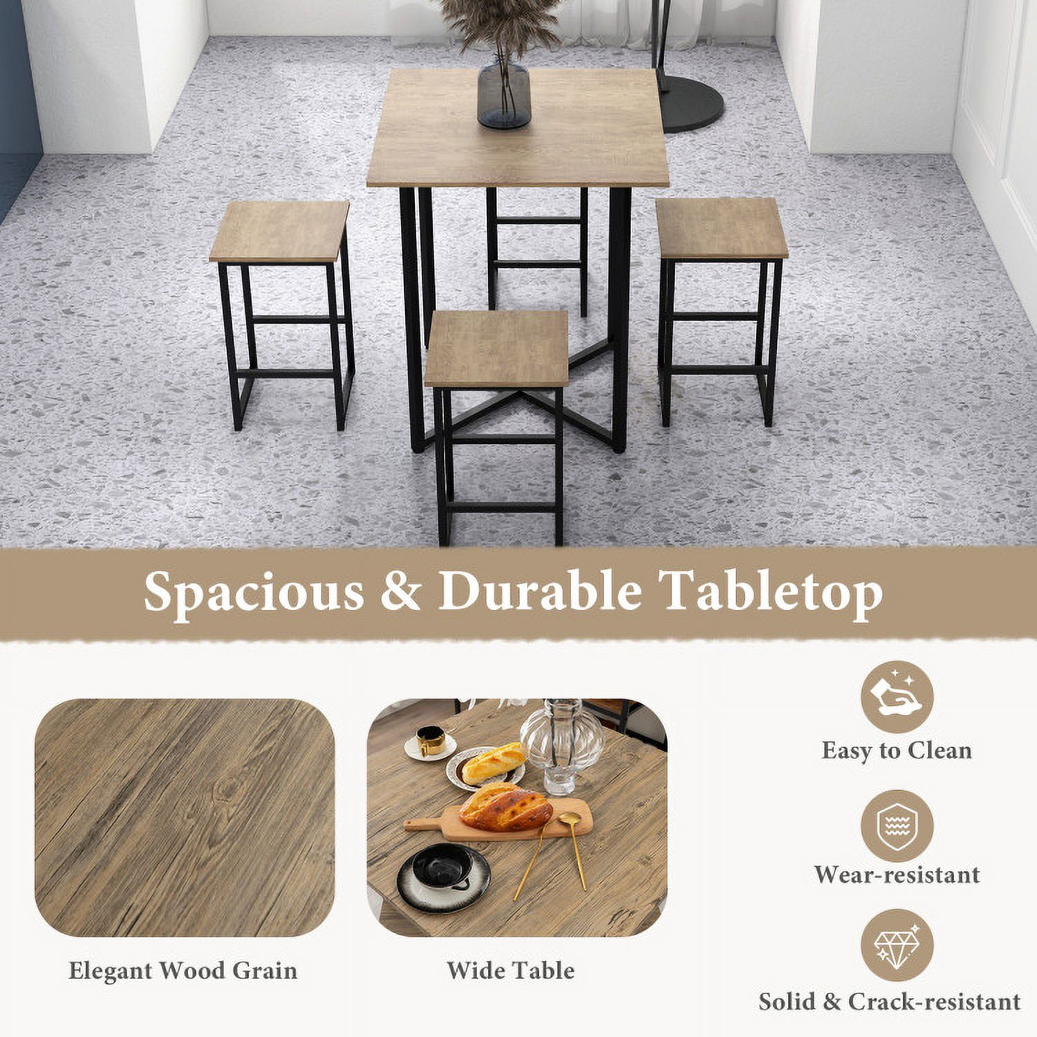 Finihen Dining Set, Dining Table Set, 5 Piece Square Space-saving Dining Table Set with 4 Stools, for Home, Restaurant, Brown Finihen Dining Set, Dining Table Set, 5 Piece Square Space-saving Dining Table Set with 4 Stools, for Home, Restaurant, Brown