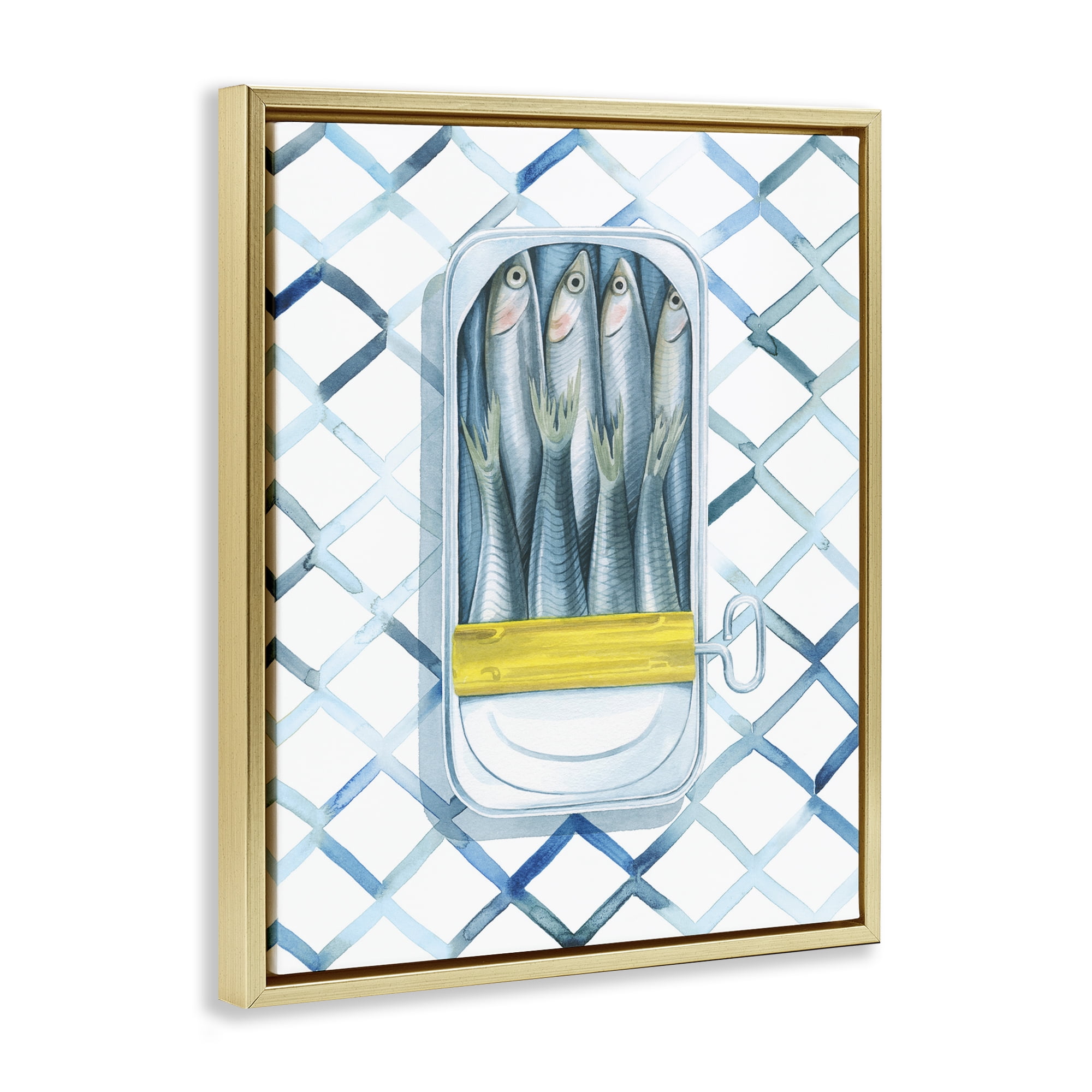 Stupell Industries Sardine Can on Pattern Food & Beverage Painting Gold Floater Framed Art Print Wall Art, 25 x 31