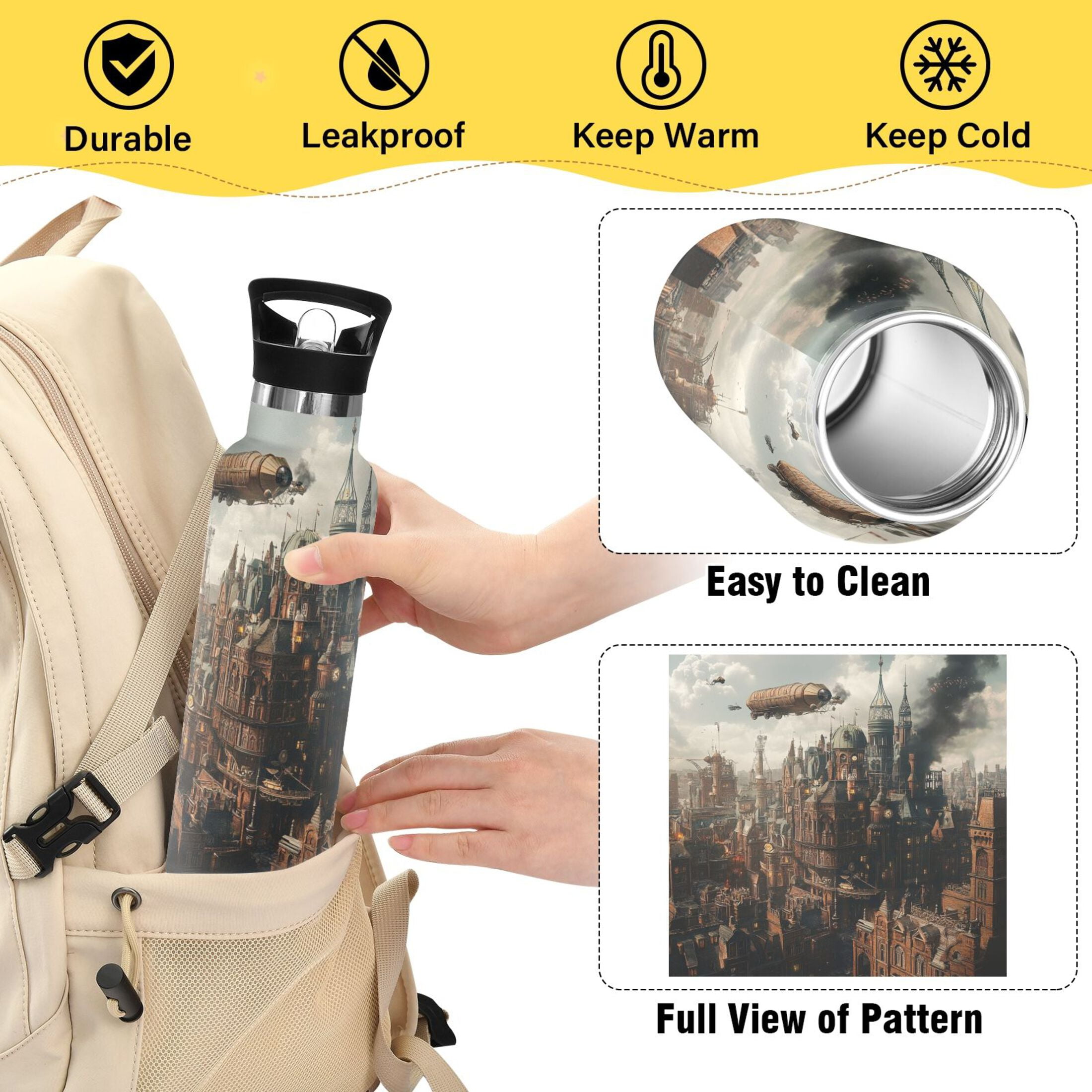 600ML Stainless Steel Insulated Cup Sports Water Bottle Portable Thermos Cup Water Glasses Insulated Tumblers Convenient and Durable Steampunk Airship