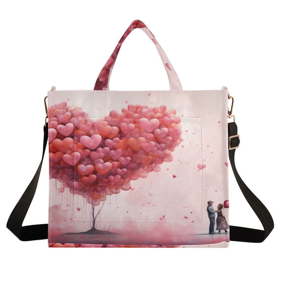 Valentine's Day Couple Hearts Corduroy Tote Bag Handbag Large Messenger Bag Shoulder Crossbody Zipper Bag Purse