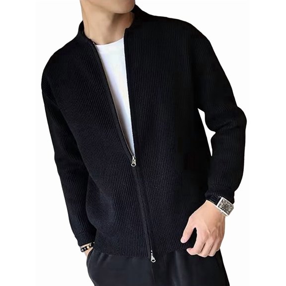 Men's Zip Up Cardigan Sweater Slim Fit Casual Full Zipper Sweaters Black S