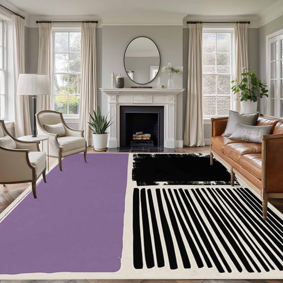 Area Rug for Living Room, Purple Black Non-Slip Indoor Large Carpet for Bedroom/Dining Room, Farmhouse Striped Modern Abstract Art Washable Low-Profile Rectangle Floor Runner Rugs - 5 x 7 Ft