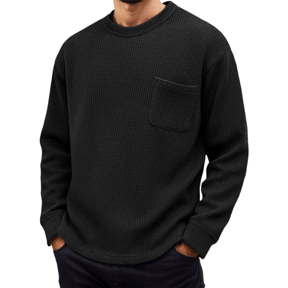 Long Sleeve Knit Crew Neck Thermal Shirt Relaxed Fit Casual Top for Autumn Everyday Wear Black L