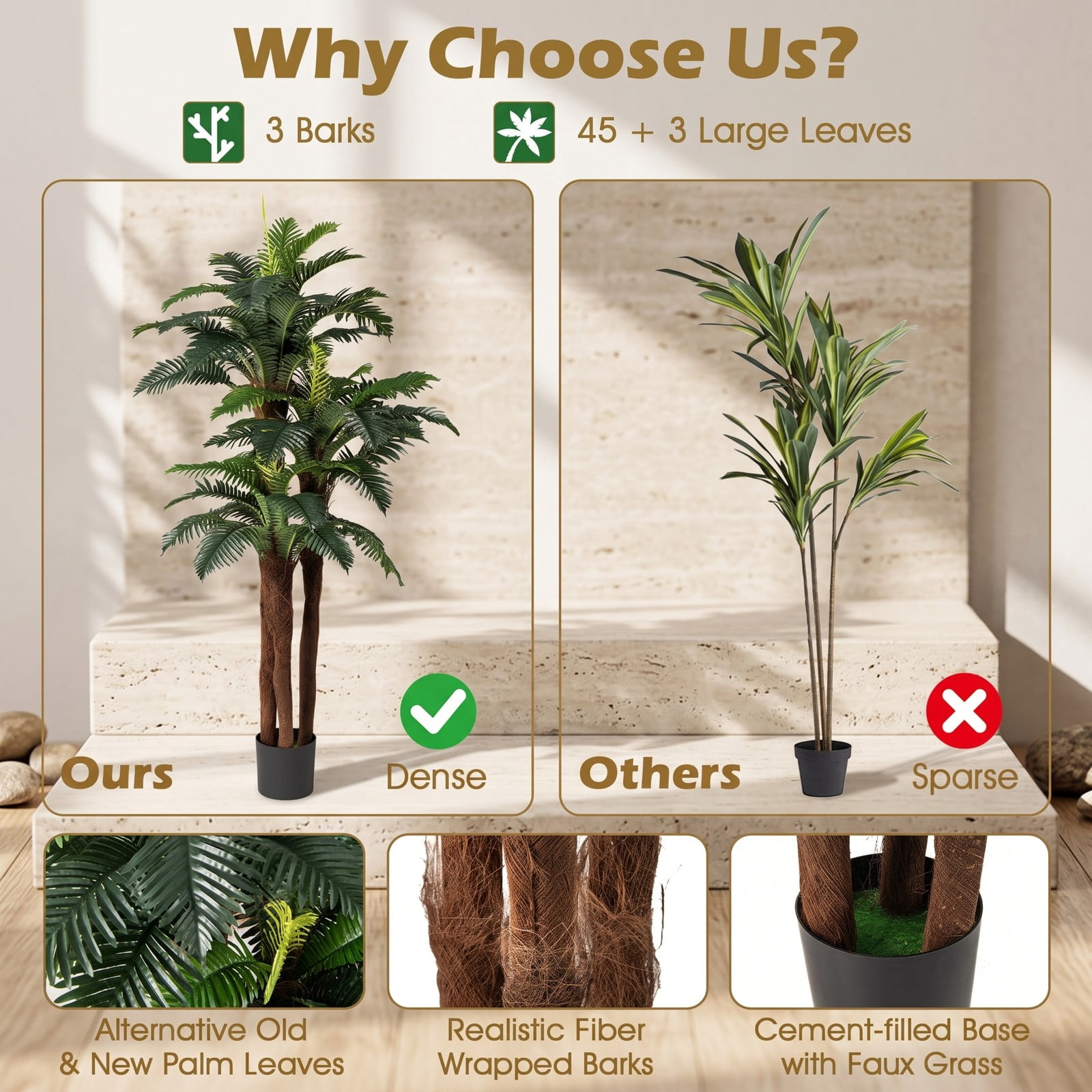 ALPULON 2 Pack Artificial Palm Tree 6.3 FT Tall Faux Tropical Plant with Adjustable Bendable Leaves and Cement-Filled Pot for Indoor Home Office, Green and Black