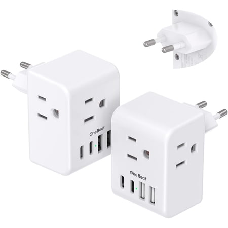 2 Pack European Travel Plug Adapter, International Power Plug Adapter with 3 Outlets 4 USB Charging Ports(2 USB C), Type C Plug Adapter Travel Essentials to Most Europe EU Spain Italy France Germany