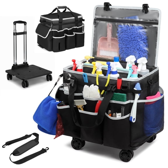 Rolling Cleaning Caddy Bag with Detachable Trolley,Large Cleaning Supplies Organizer with Wheels,with Multi Pockets,for Housekeepers, Car Wash