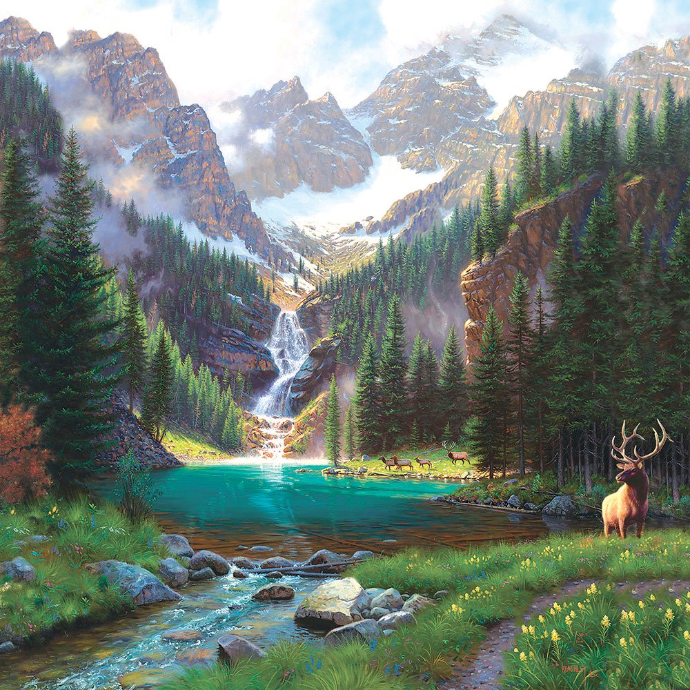 Sunsout Elk at the Waterfall Jigsaw Puzzle