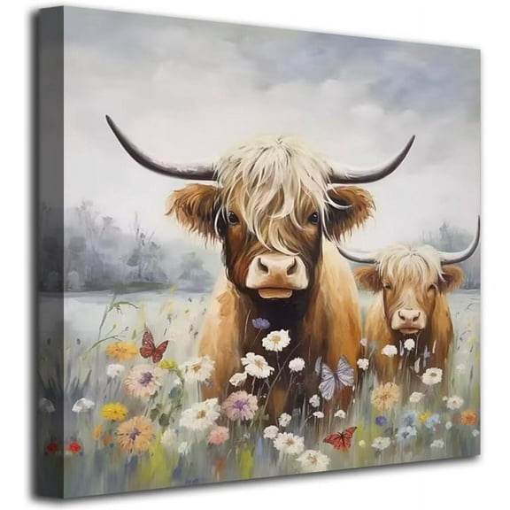 LH137HB-Highland Cow Bathroom Wall Art Rustic Farmhouse Picture Animal Canvas Print Painting, Daisy Flower Bush Landscape Artwork for Bedroom Living Room Kitchen Office Home Decor