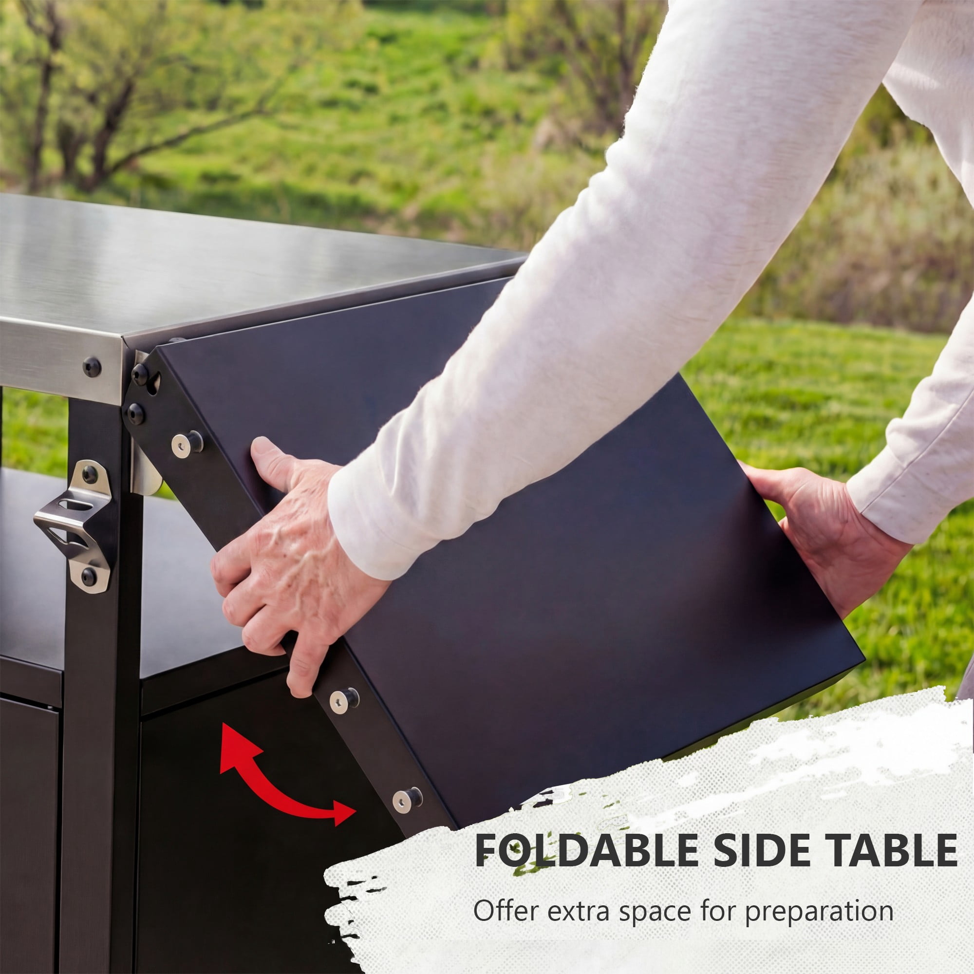 Aukfa 45" Outdoor Grill Cart with Weatherproof Cover, Stainless Steel BBQ Table with Foldable Side Shelf & Storage Cabinet, Black
