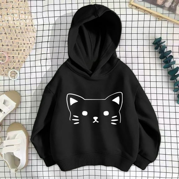 Tfken Hoodies For Girls Hooded Cat Print Tops Sweatshirt Long Sleeve Black Size 18-24 Months