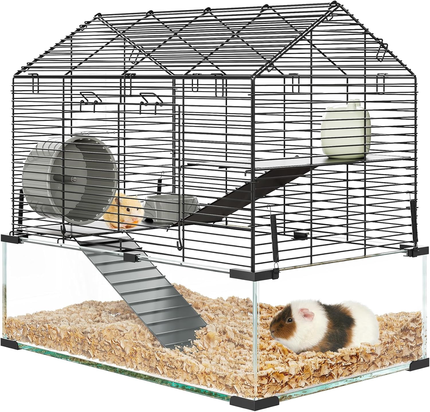 3-Tier Large Hamster Cage with 6mm Tempered Glass Base, Silent Running Wheel, Water Bottle & Food Bowl, Spacious Multi-Level Habitat for Syrian & Dwarf Hamsters, Gerbils, Mice, and Small Pets (22.