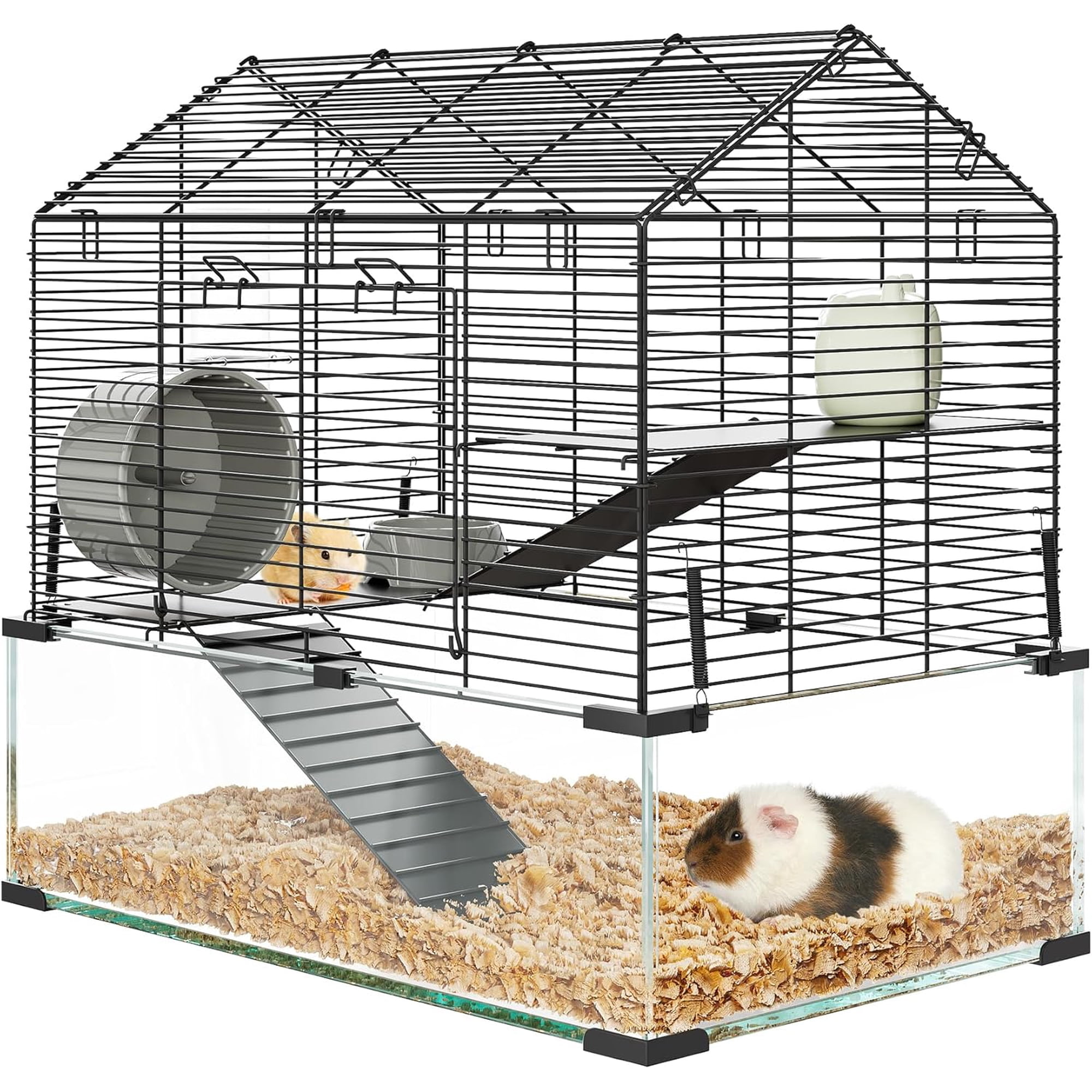 3-Tier Large Hamster Cage with Glass Base, Includes Running Wheel, Water Bottle & Food Bowl for Syrian/Dwarf Hamsters, Gerbils & Small Pets (22.8"x15"x21.3")