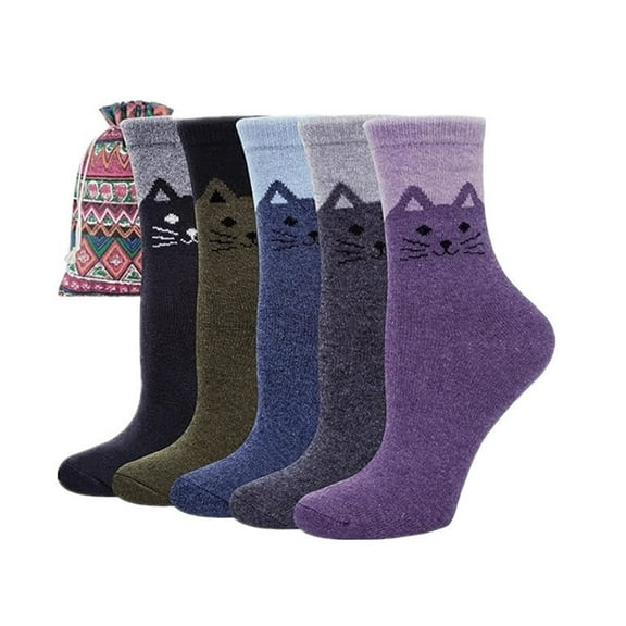 Kmdttou 5Pairs Women's Printing Thick Warm Wool Socks Ethnic Style Sports Mid-tube Socks Socks Casual Soft Lightweight Quarter Socks