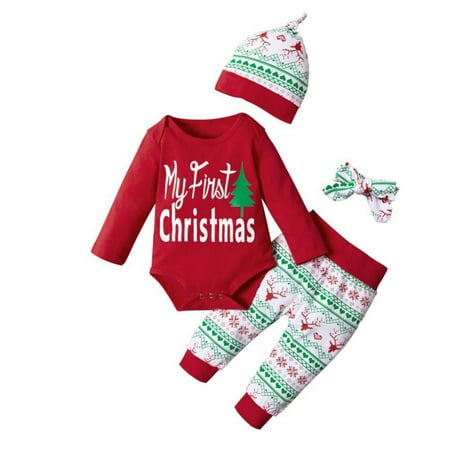 

SYNPOS First Christmas Baby Boy Outfit 0-18m Infant Newborn Baby Boys Girls Christmas Outfit Xmas Clothes Set Long Sleeve Romper Bodysuit Pants with Hat and Headband